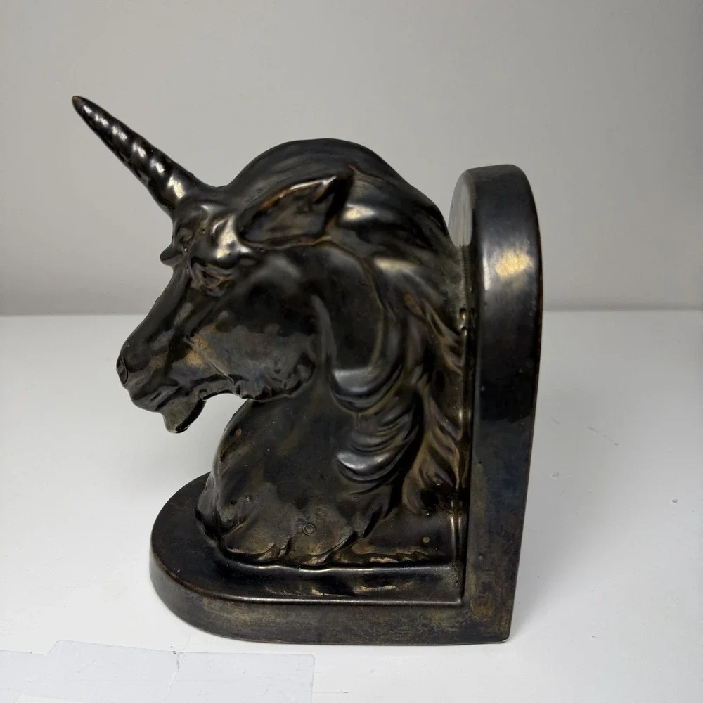 Set Of 2 VTG Ceramic Unicorn Bookends 80s Fantasy Bronze‎ Glaze Horn 7